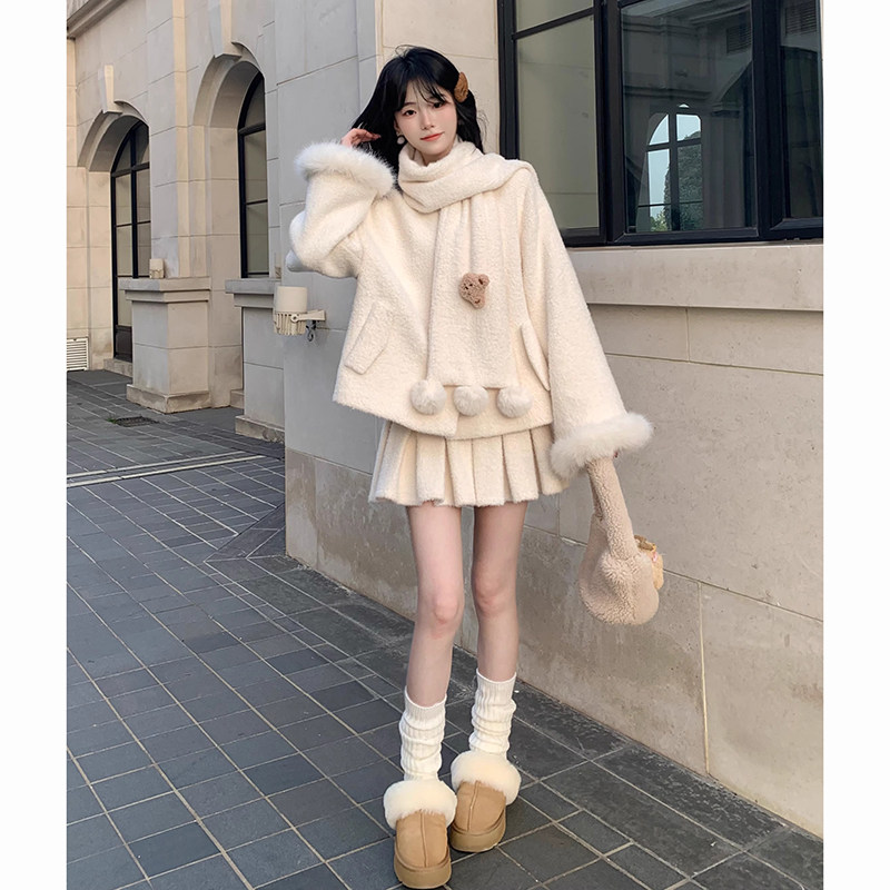 高级感气质甜美小个子显瘦白色毛绒外套半身裙两件套装女冬季新款
