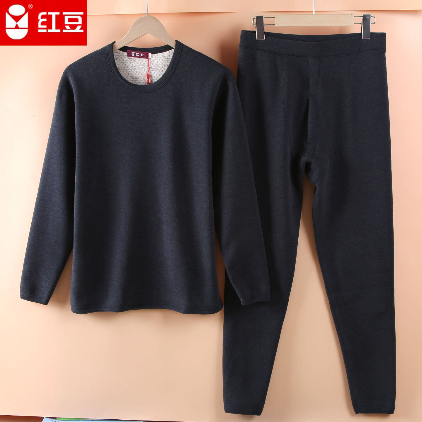 红豆男士贴片蚕丝羊毛圆领保暖内衣套装加绒加厚内穿打底线衣线裤