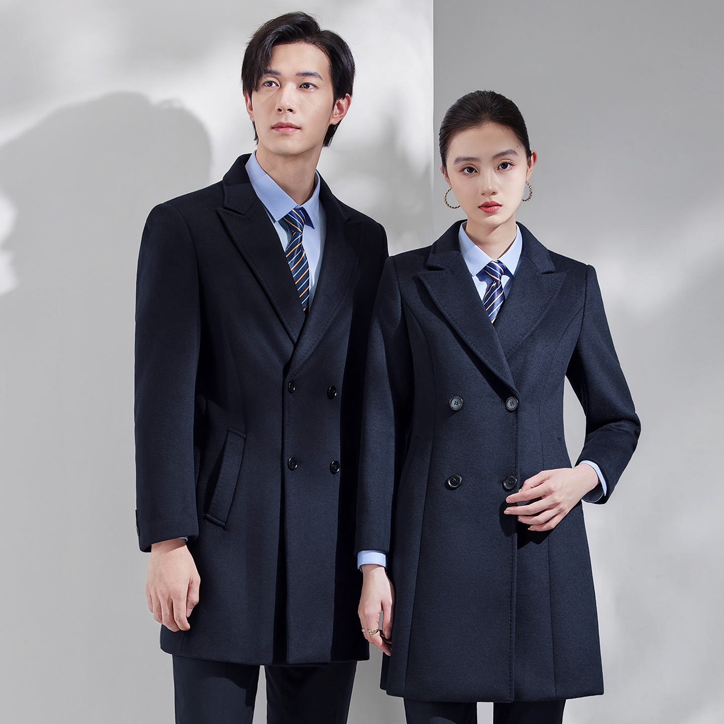 藏青色呢子羊毛大衣工作服男女工装公务员中长款前台接待毛呢外套