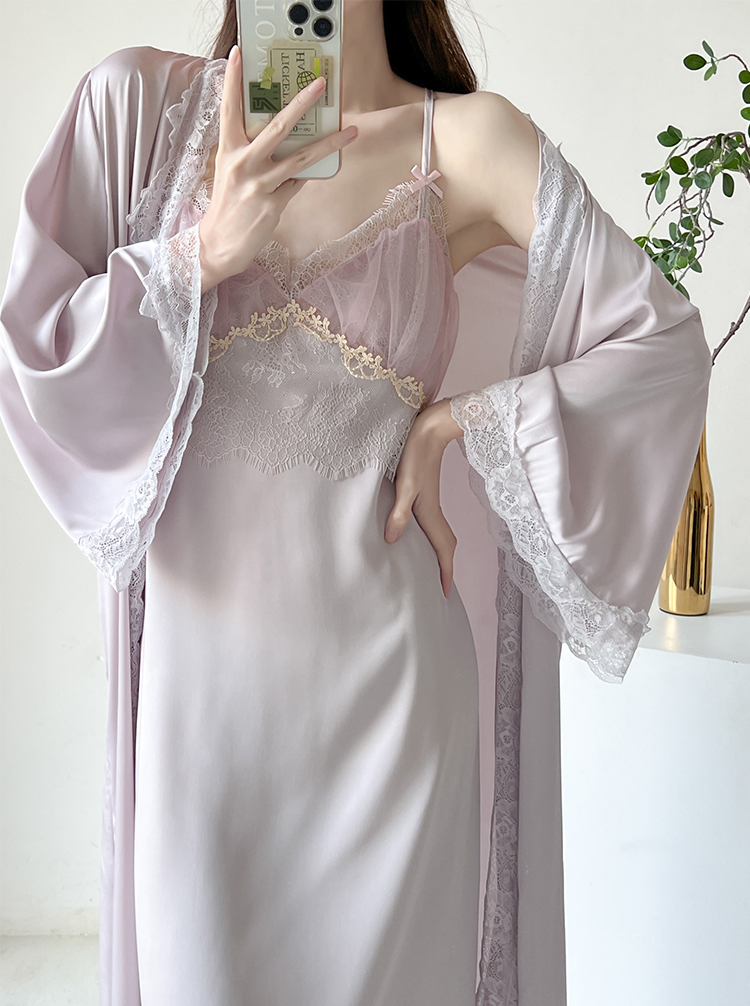 性感冰丝睡衣女法式吊带睡裙睡袍蕾丝花边两件套家居服宫廷风长裙