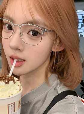 韩版复古方形半框眉毛透明灰色防蓝光近视眼镜可配度数圆脸高智感