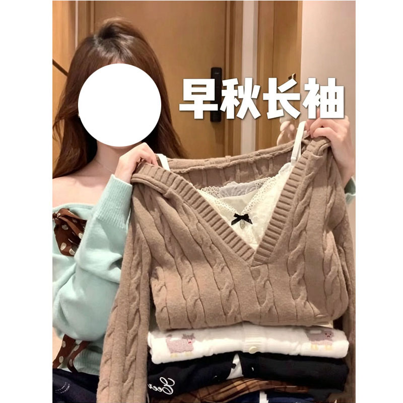 【渔渔】百搭针织女款植绒刺绣时尚小众长袖上衣2026秋季上新