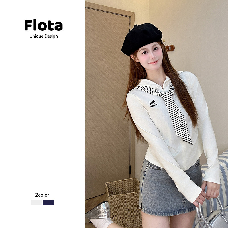 【flota】 条纹绑带海军领半拉链长袖上衣女日系学院风内搭2957