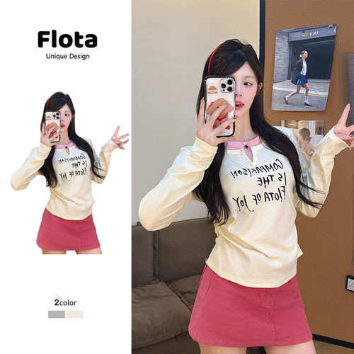 【flota】韩系复古假两件印花字母收腰显瘦短款上衣百搭3066