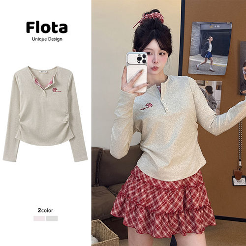 【flota】韩系纽扣格纹女甜美可爱刺绣长袖收腰褶皱短上衣3061