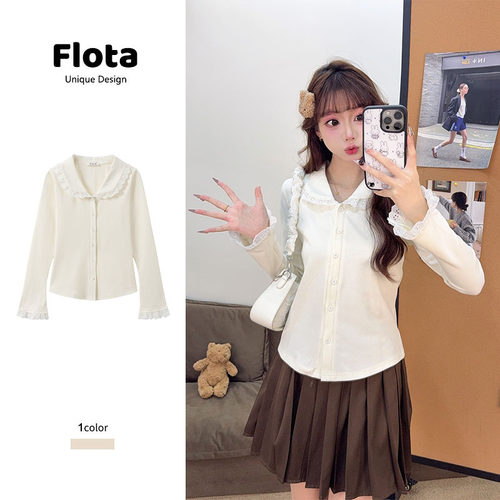 【flota】POLO领蕾丝花边纽扣小清新2025新款修身显瘦独特别致291