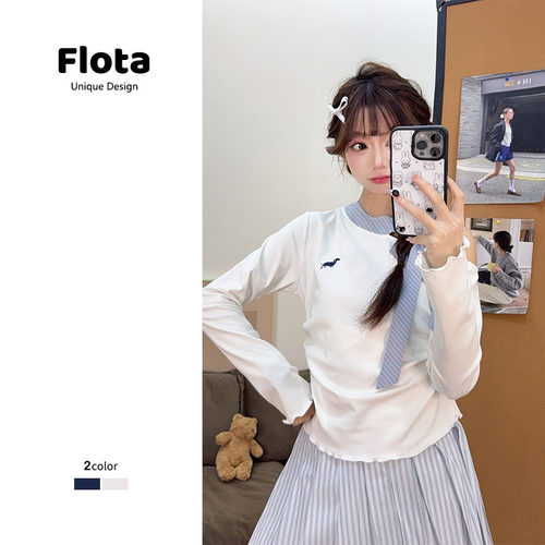 【flota】韩系蝴蝶结绑带露肩长袖斜领甜妹修身卷边短款上衣2908