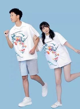 DDCHENG原创2021白色手绘少年插画宽松翻领短袖情侣衬衫dd cheng