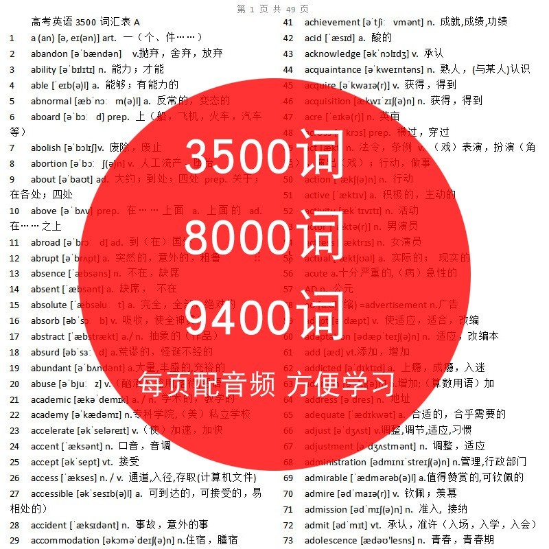 高中英语3500词含音标音频雅思单词表9400常用8000词汇口语电子版