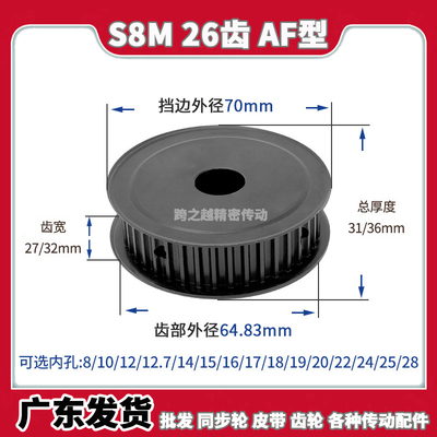 EBL/HTPT同步轮S8M26齿铁槽宽27AF型45#碳钢发黑250内孔8-30mm