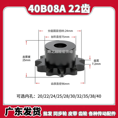 40B08A 22齿链轮S45C钢淬火BS型单双排工业链轮非标定制内孔20-40