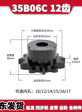 35B06C 12齿链轮S45C钢淬火BS型单双排工业链轮非标定制内孔10-17