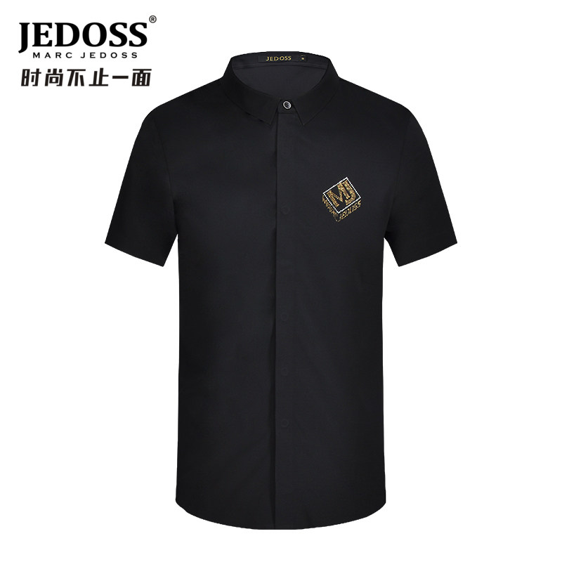 JEDOSS/爵迪斯男装夏季新款logo烫钻修身短袖衬衫T恤弹性抗皱潮
