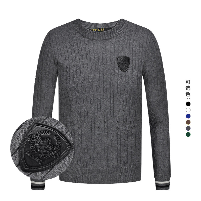 JEDOSS/爵迪斯男装秋冬新款简约LOGO绣标修身长袖针织衫