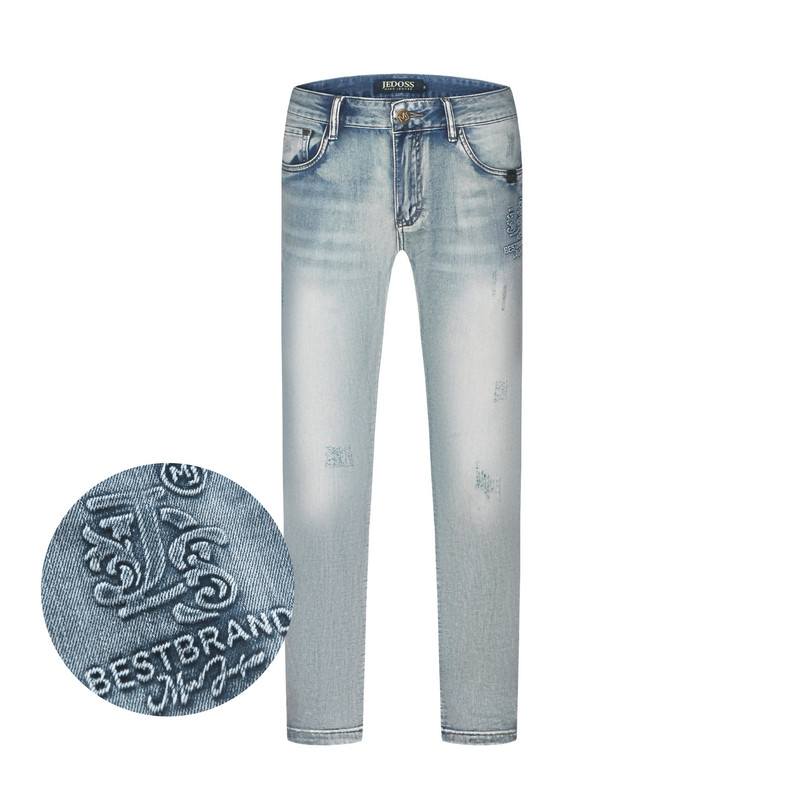 JEDOSS/爵迪斯男装2025春季简约LOGO压凸磨破磨白牛仔裤长裤SX152