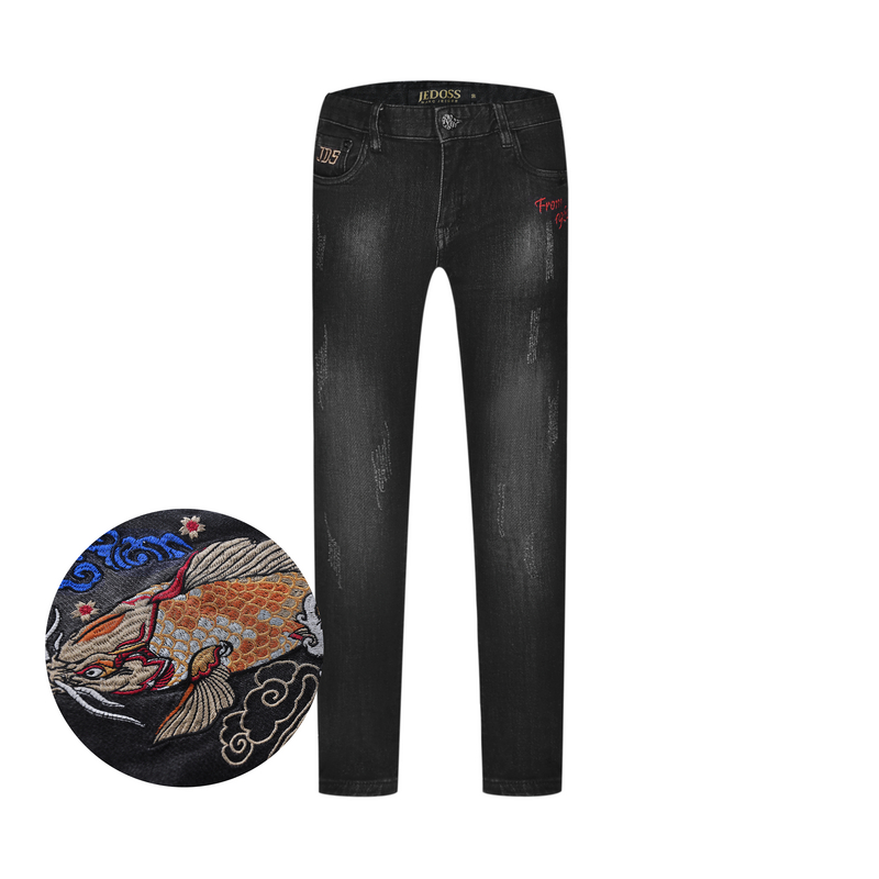 JEDOSS/爵迪斯男装夏季新款中国风拼色锦鲤黑色牛仔裤SX761B