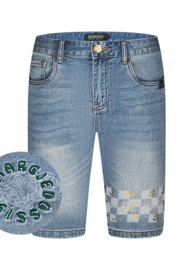 JEDOSS/爵迪斯男装2025夏季新款字母水印烫钻刺绣牛仔中裤YL113SX
