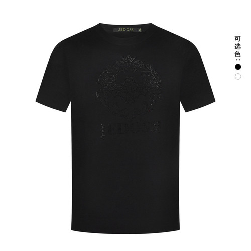 JEDOSS/爵迪斯男装2025春夏新款简约字母LOGO烫钻短袖针织衫H666