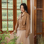 女春季 ENJOY商场同款 复古翻领皮衣套装 收腰显瘦网纱半身裙两件套