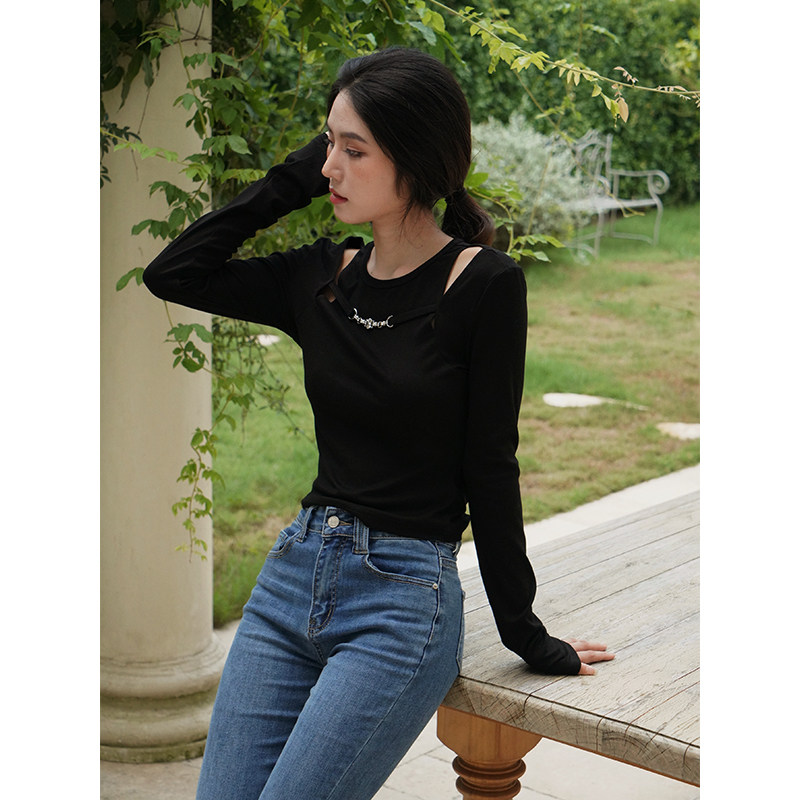 enjoyme女装早秋新款假两件设计感修身显瘦纯色长袖打底衫上衣