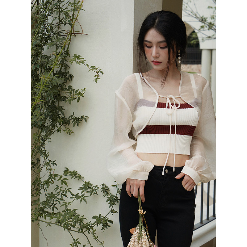 enjoyme女装早秋新款短款露脐性感修身针织吊带背心小衫两件套