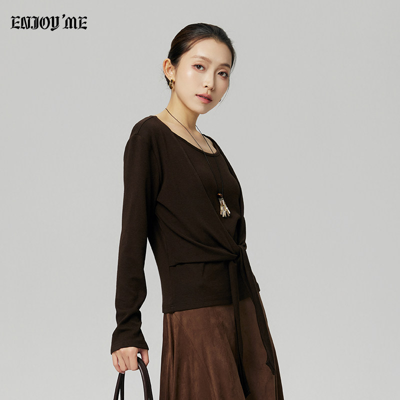 ENJOY商场同款设计感假两件绑带针织衫女秋冬新款慵懒风长袖上衣