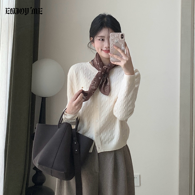 ENJOYME商场同款金标麻花针织开衫女2025冬季圆领保暖上衣A-2925