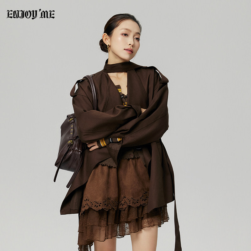 ENJOY美式收腰系带风衣女咖啡色