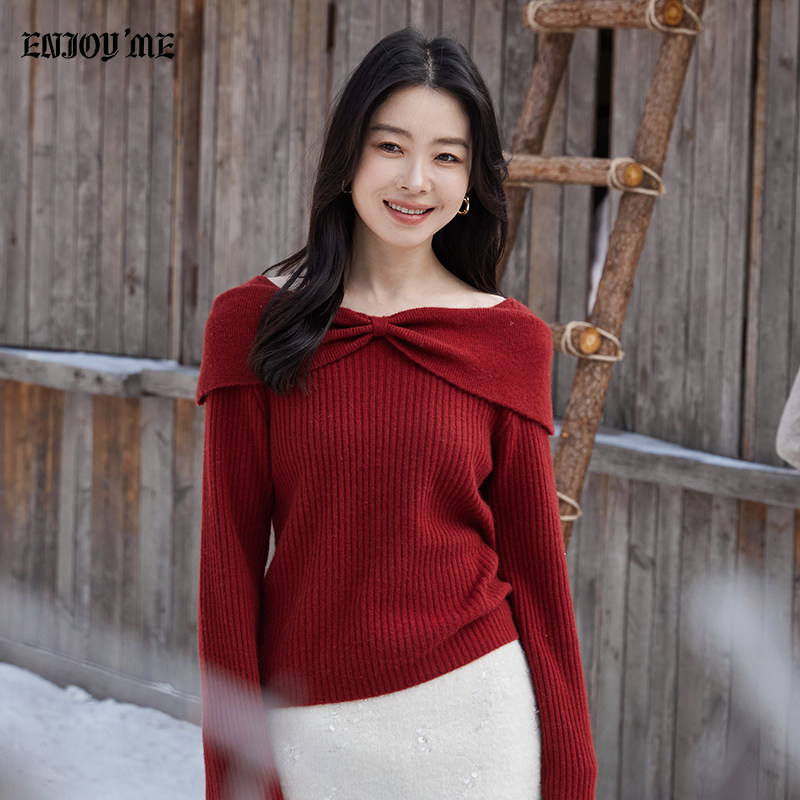 ENJOYME商场同款一字领蝴蝶结针织毛衣女2025冬季绵羊毛气质上衣,女装/女士精品,毛衣,淘宝优惠券,粉丝福利购,淘宝优惠卷