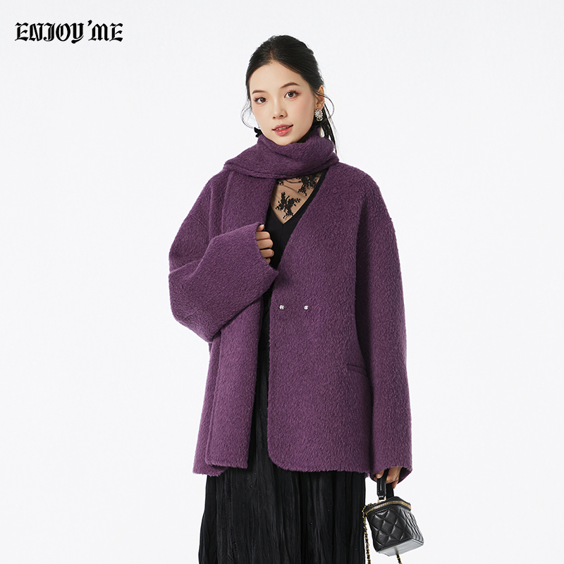 ENJOYME轻奢极简风紫色毛呢外套