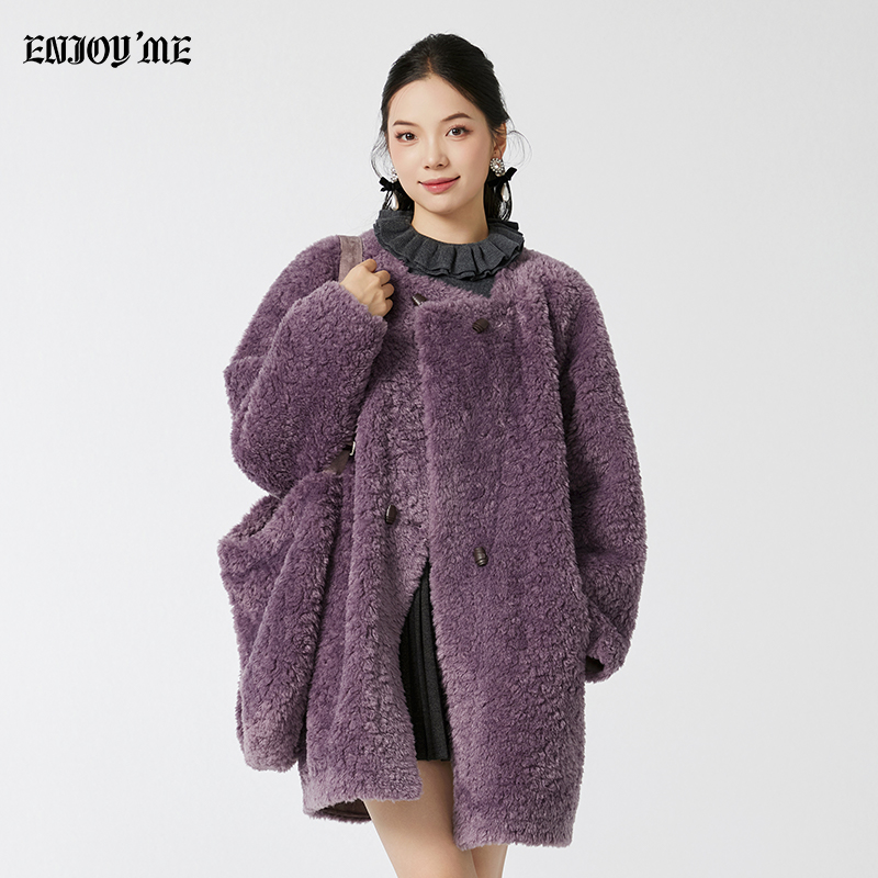 ENJOYME紫色羊羔毛中长款外套