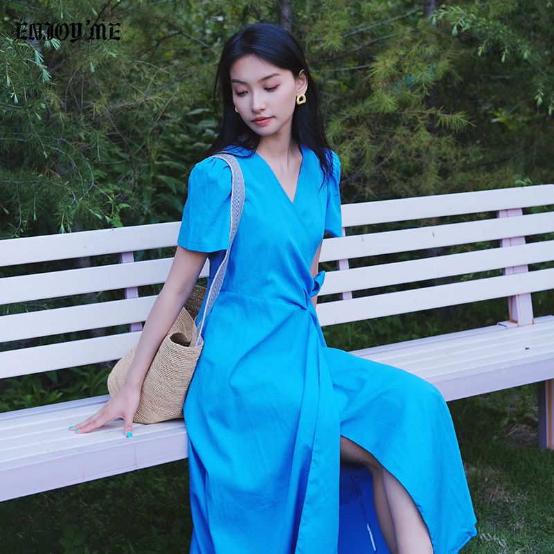 ENJOYME法式V领蓝色连衣裙