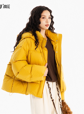 ENJOY 商场同款黄色90白鸭绒连帽羽绒服女短款冬季保暖蓬松面包服