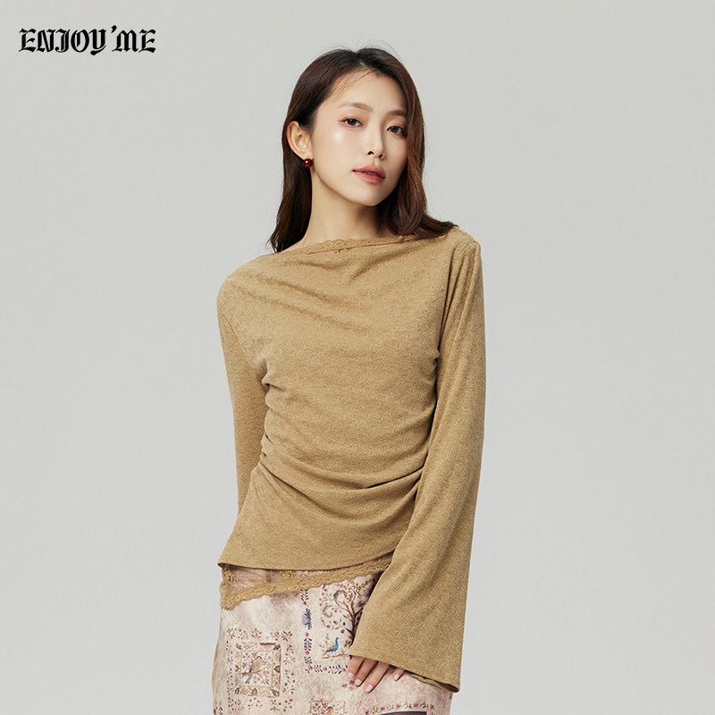 ENJOY商场同款极简风修身褶皱针织衫女长袖秋质感打底衫橘色上衣