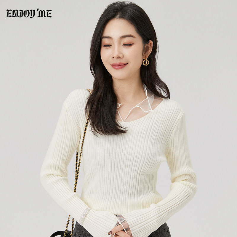 ENJOYME商场同款法式拼纱蕾丝边针织毛衣女冬季显瘦上衣EZ-6685
