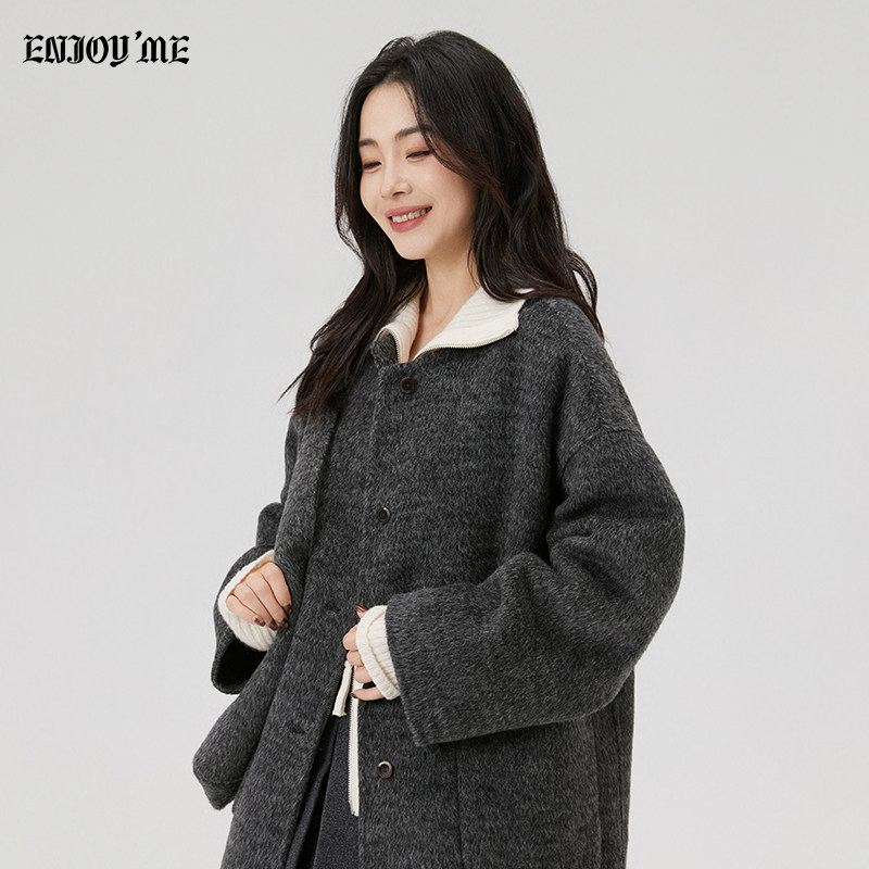 ENJOY复古羊毛中长款大衣深灰