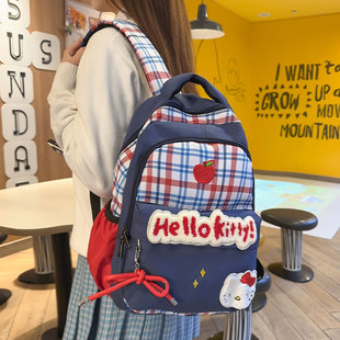 美式复古格子双肩包女大学生小众可爱卡通KT猫背包大容量轻便书包
