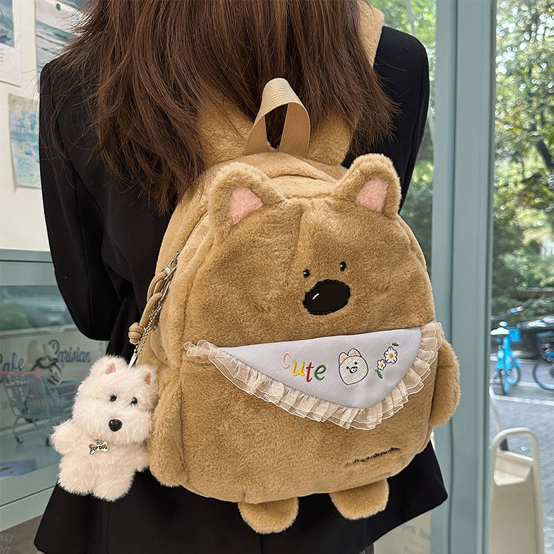 日系可爱软妹少女书包卡通小狗毛绒双肩包外出旅游轻便学生小背包
