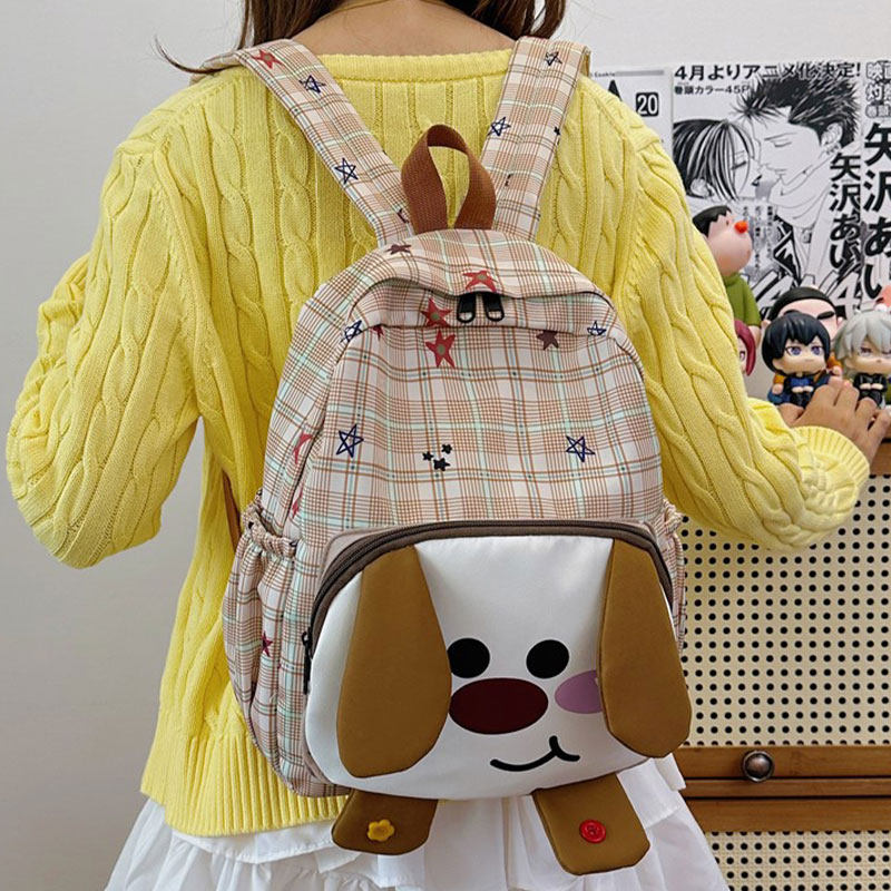 可爱小狗格纹双肩包女学生卡通高颜值轻便出游背包少女心旅游书包