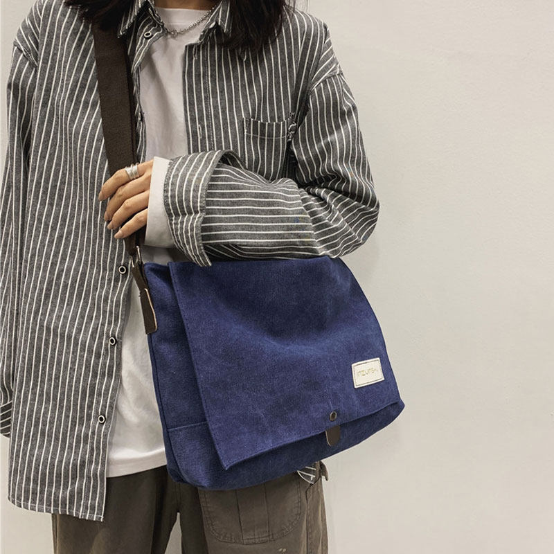 ins日系帆布包女斜挎2024新款韩版简约文艺工装港风男邮差单肩包
