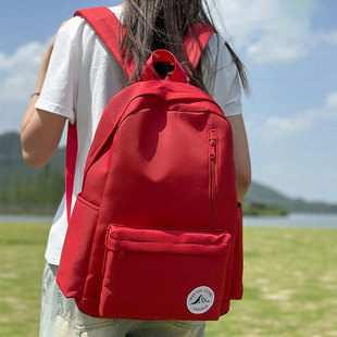 书包女高中大学生简约百搭学院风电脑包红色双肩包旅行防水登山包