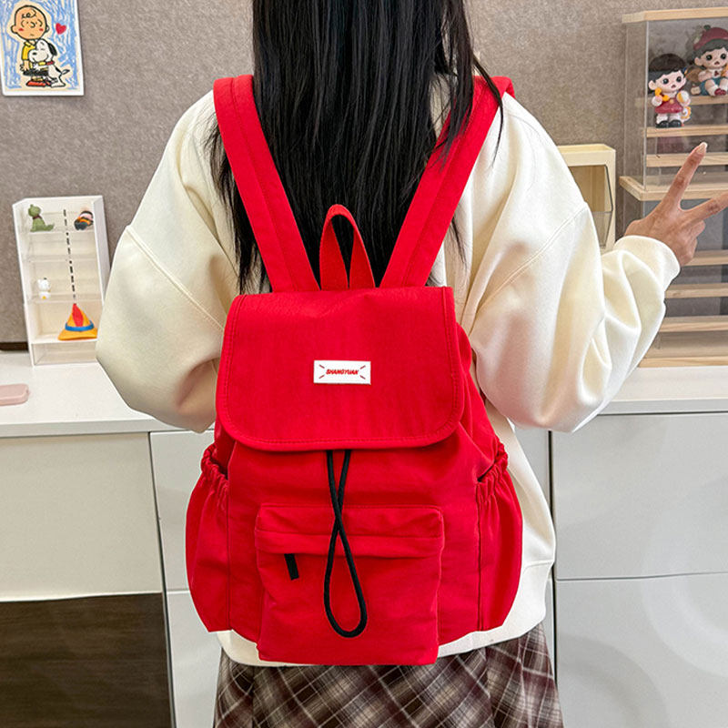 迷你红色翻盖小双肩包女百搭大容量轻便学生上课通勤书包休闲背包