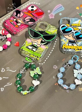 墨镜飞天小女警适用于苹果x手机壳xr带支架xsmax新款iPhone7创意链条i8plus甜酷少女6p卡通动漫 5代4s网红se2