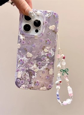 紫花朵兔子适用三星s25手机壳s24s23s22s21+链条s20fe卡通可爱note20ultra清新少女N10网红超火s9s8plus外壳U