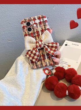 绒布KT蝴蝶结适用小米15手机壳Mi14/13新年红色12T手提毛球链civi4pro秋冬11ultra毛绒m10/cc9e/8se女civi3/2