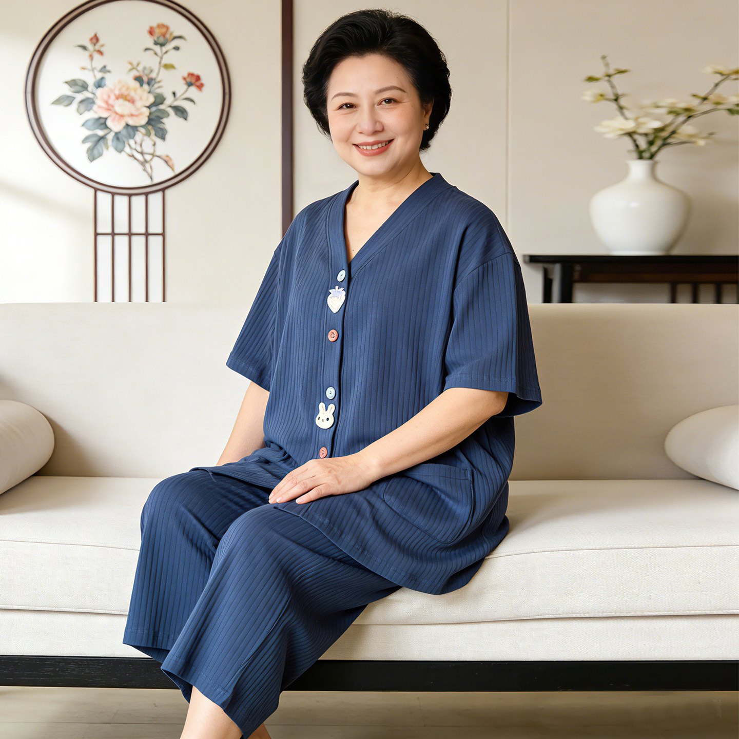 夏季大码女装睡衣中老年妈妈纯棉短袖七分裤家居服加肥加大200斤