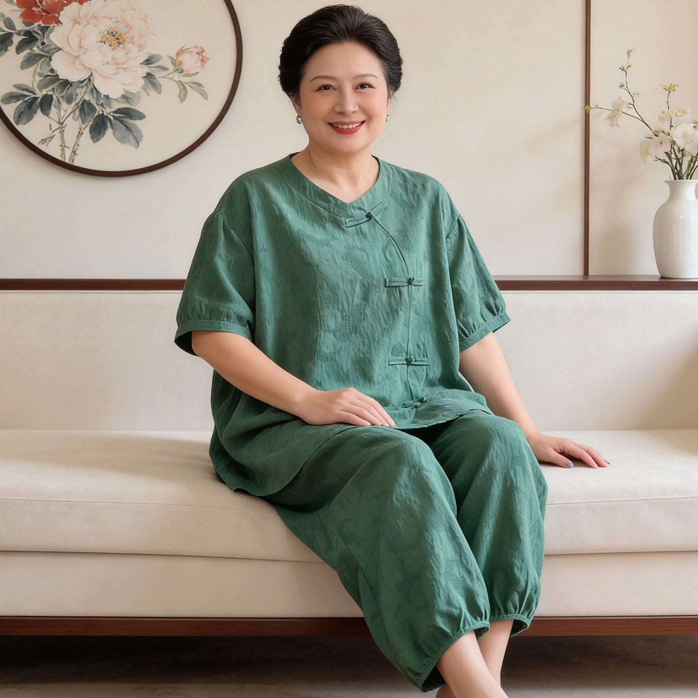 新中式大码女装妈妈加肥加大睡衣200斤夏季纯棉纱布家居服中老年