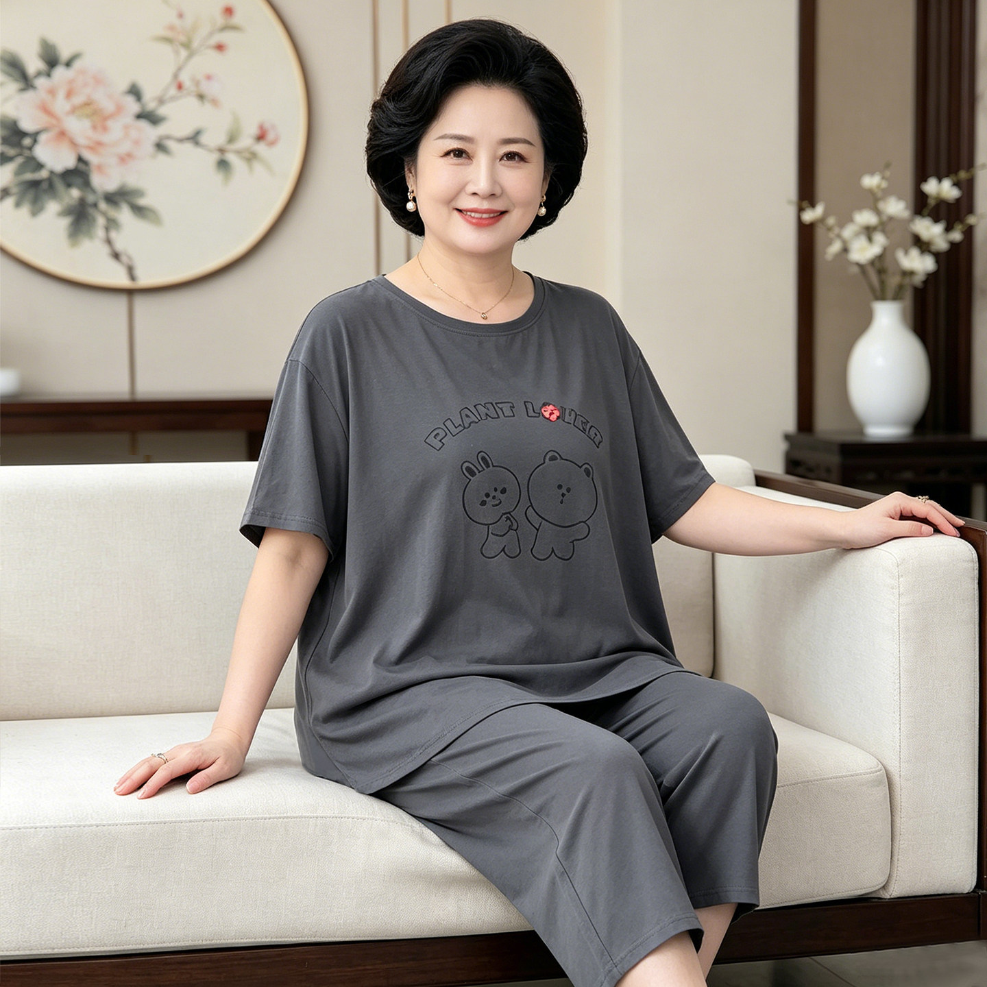 夏季大码女装妈妈加肥加大睡衣纯棉短袖七分裤家居服200斤中老年