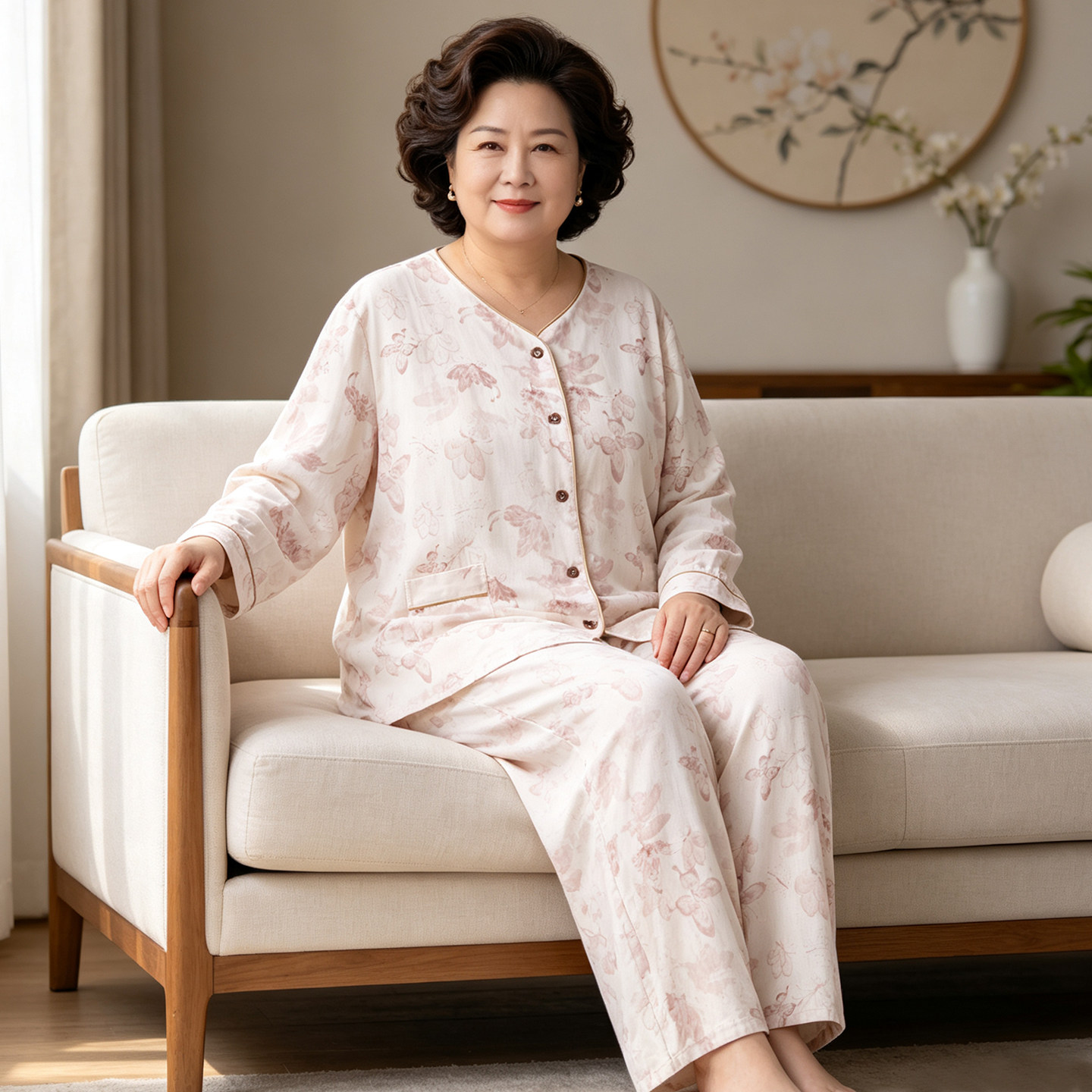秋季大码女装妈妈加肥加大睡衣春秋棉麻家居服200斤中老年可外穿