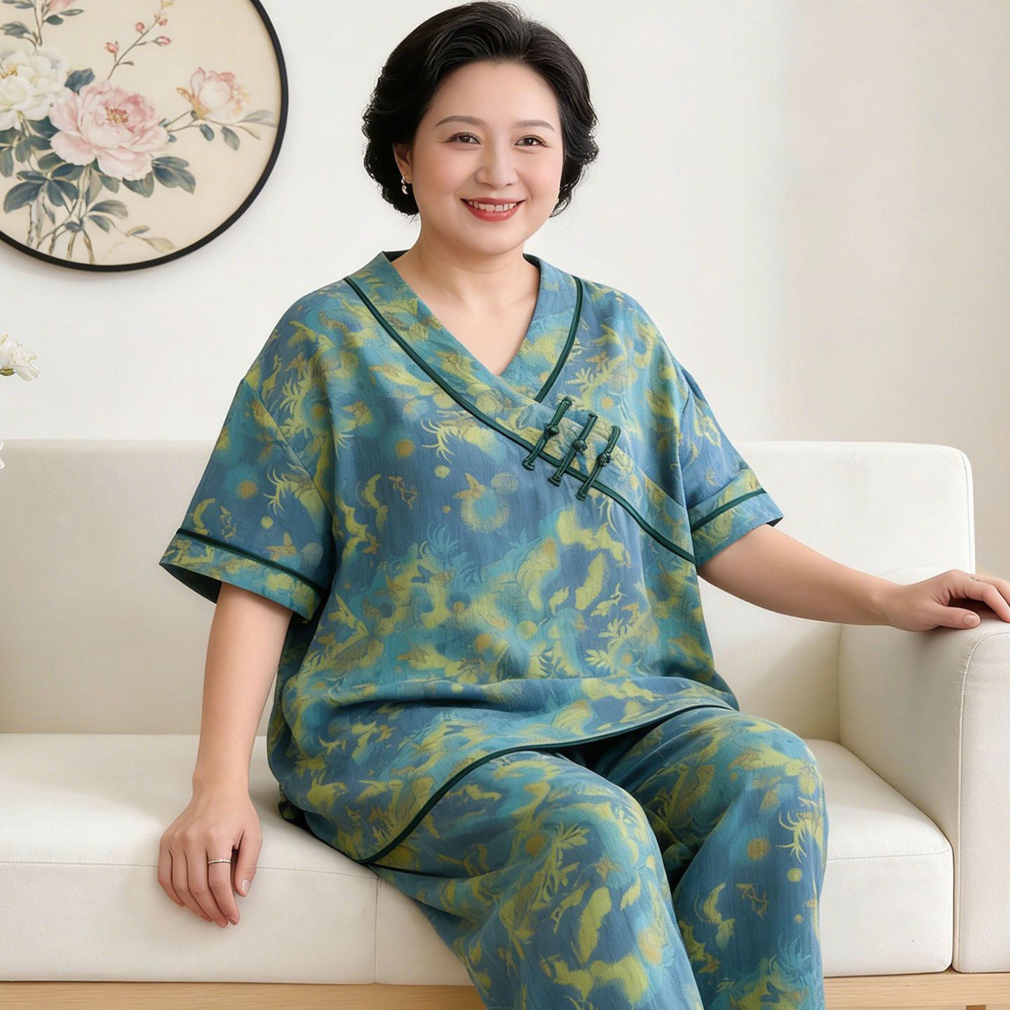 纯棉新中式睡衣女款夏大码胖妈妈全棉双层棉纱家居服200斤中老年